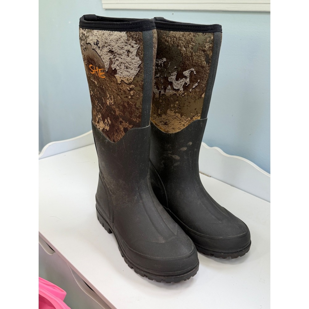 SHE Outdoor Womens Camo Hunting Boots Black Rubber Waterproof Steel Shank Size 7